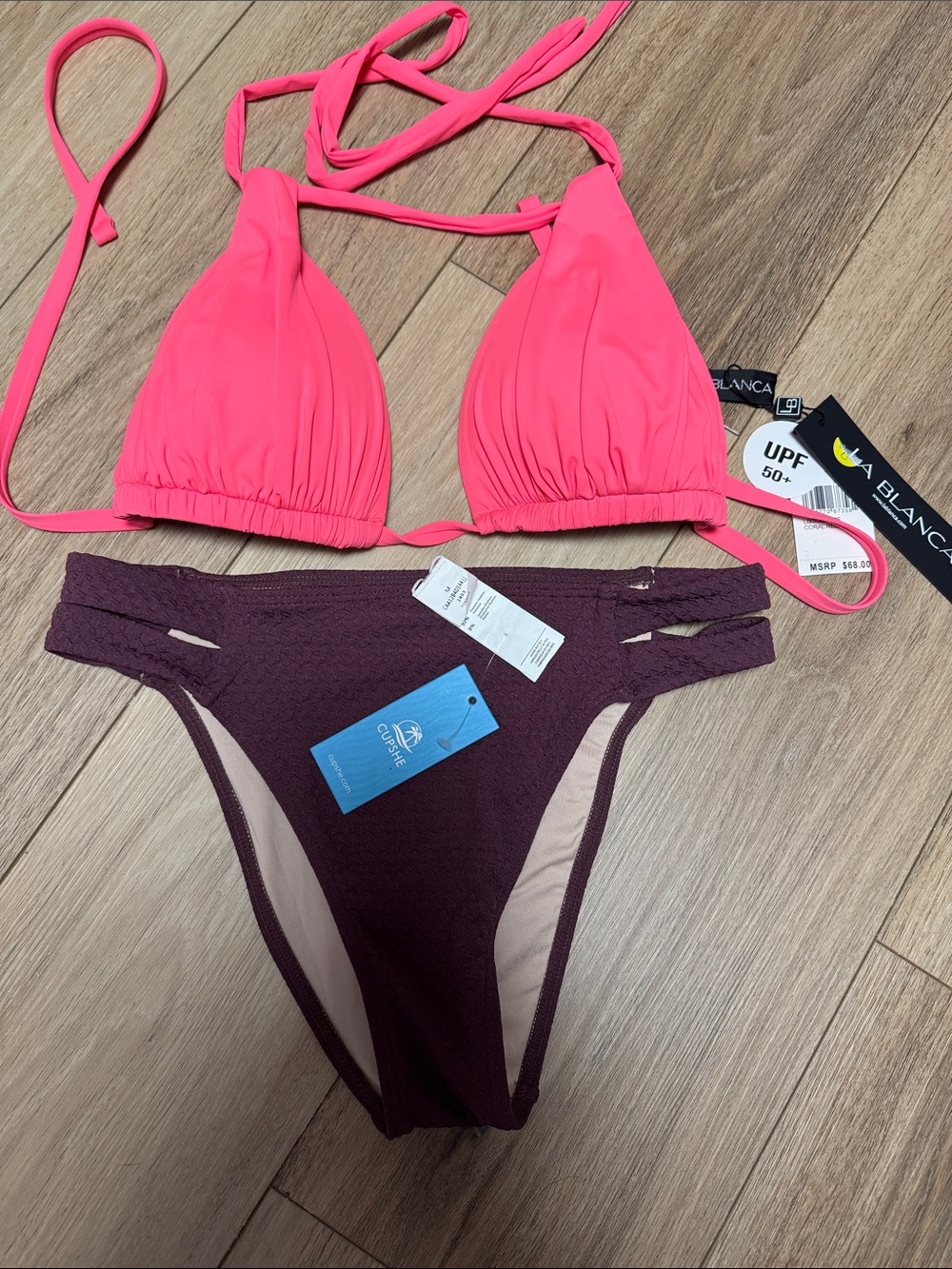 La Blanca & Cupshe NWT CORAL Pink & PLUM textured bottoms Two-Piece Bikini Set